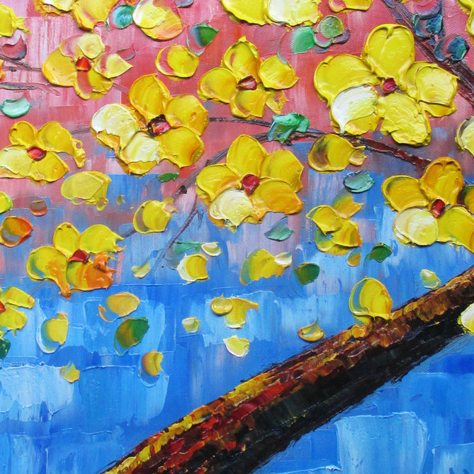 Palette Knife Painting "yellow Tree" Wall Decor flower oil Painting On Canvas yellow blue - Click Image to Close